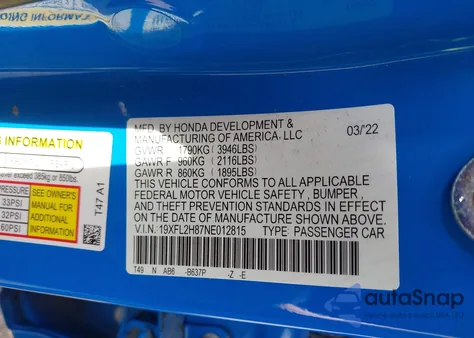 2022 Honda Civic Sport из США, поврежденный, VIN 19XFL2H87NE012815